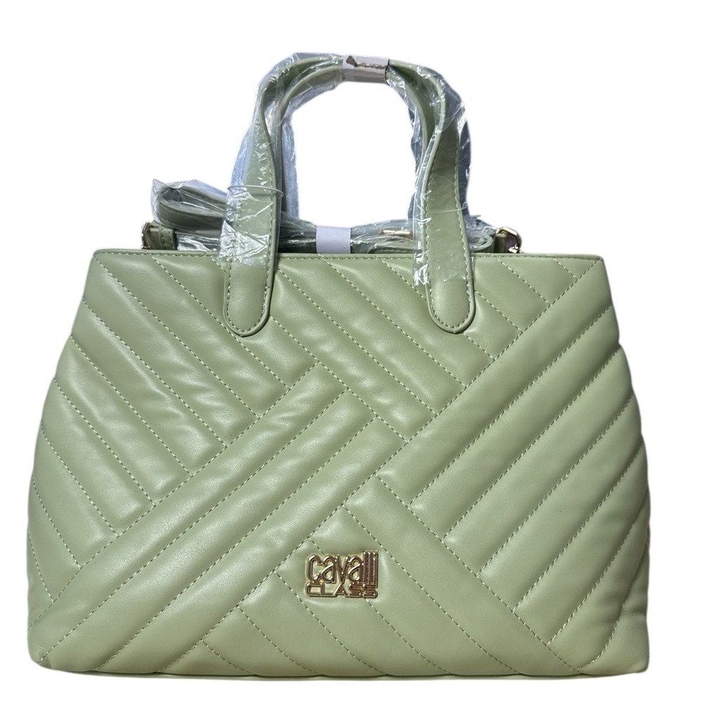 Cavalli Class Rosangella Quilted‎ Satchel Light Green Eco-Leather Handbag NWT